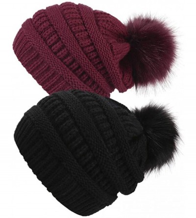 Skullies & Beanies Slouchy Winter Knit Beanie Cap Chunky Faux Fur Pom Pom Hat Bobble Ski Cap - Z-black/Burgundy 2pcs - CT18RW...