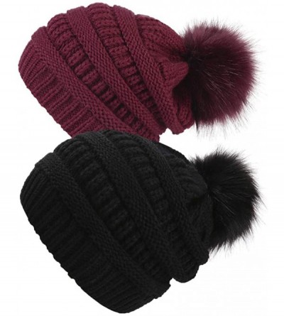 Skullies & Beanies Slouchy Winter Knit Beanie Cap Chunky Faux Fur Pom Pom Hat Bobble Ski Cap - Z-black/Burgundy 2pcs - CT18RW...