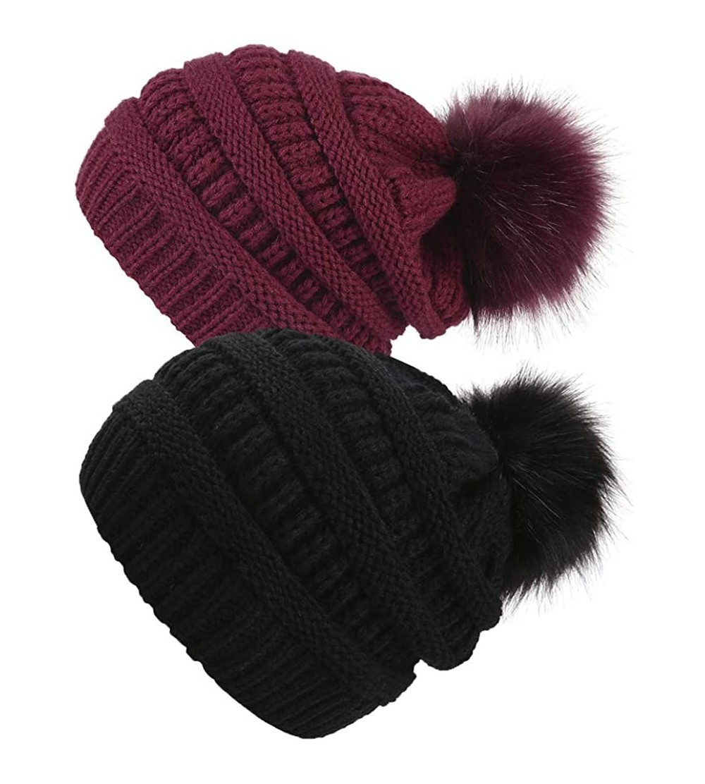Skullies & Beanies Slouchy Winter Knit Beanie Cap Chunky Faux Fur Pom Pom Hat Bobble Ski Cap - Z-black/Burgundy 2pcs - CT18RW...