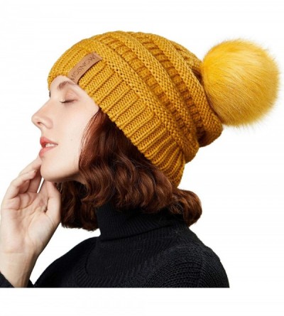 Skullies & Beanies Women's Winter Hat Slouchy Beanie Knit Watch Cap Faux Fur Pom Pom Hat Crochet Hats for Women - Yellow - CQ...