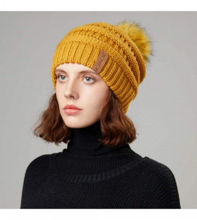 Skullies & Beanies Women's Winter Hat Slouchy Beanie Knit Watch Cap Faux Fur Pom Pom Hat Crochet Hats for Women - Yellow - CQ...