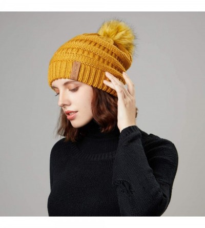 Skullies & Beanies Women's Winter Hat Slouchy Beanie Knit Watch Cap Faux Fur Pom Pom Hat Crochet Hats for Women - Yellow - CQ...