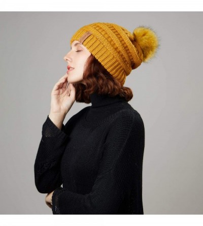 Skullies & Beanies Women's Winter Hat Slouchy Beanie Knit Watch Cap Faux Fur Pom Pom Hat Crochet Hats for Women - Yellow - CQ...