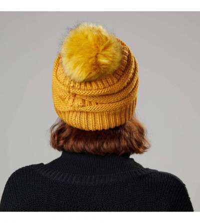 Skullies & Beanies Women's Winter Hat Slouchy Beanie Knit Watch Cap Faux Fur Pom Pom Hat Crochet Hats for Women - Yellow - CQ...