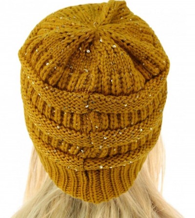 Skullies & Beanies Winter Trendy Soft Cable Knit Stretchy Warm Ribbed Beanie Skully Ski Hat Cap - Sequins Mustard - CN18HAAN7...