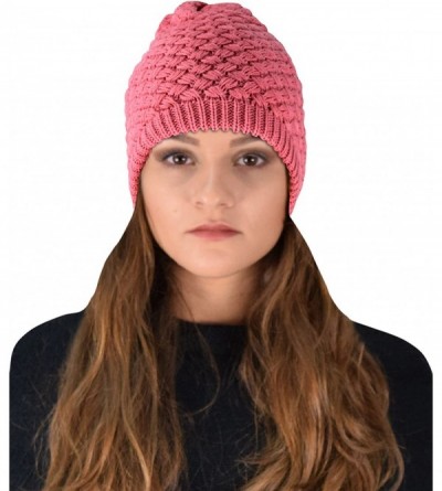 Skullies & Beanies Thick Crochet Knit Quilted Double Layer Beanie Slouchy Hat - Pink - CS12N4VNIUY $21.75
