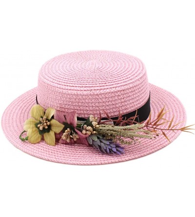 Sun Hats Women Straw Boater Hat Summer Beach Sun Sailor Bowler Cap w/Flower Hatband - Pink - CW18TI5GCZ5 $19.42
