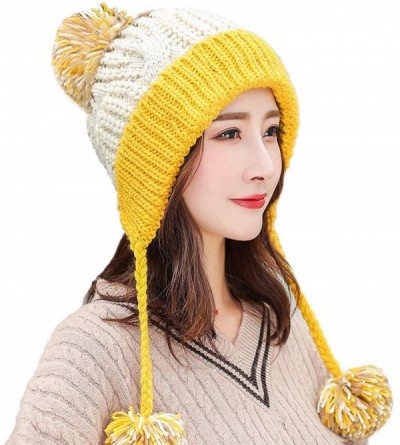 Skullies & Beanies Women Winter Peruvian Beanie Hat Ski Cap Fleece Lined Ear Flaps Dual Layered Pompoms - M8375-yellow - CC18...