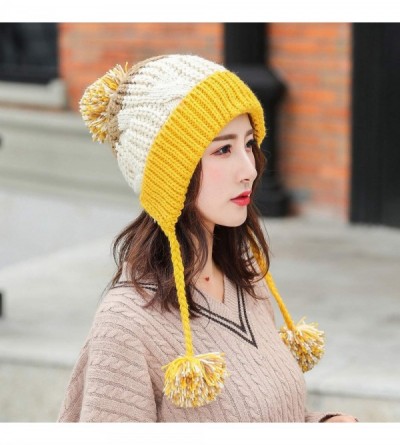 Skullies & Beanies Women Winter Peruvian Beanie Hat Ski Cap Fleece Lined Ear Flaps Dual Layered Pompoms - M8375-yellow - CC18...