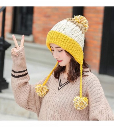 Skullies & Beanies Women Winter Peruvian Beanie Hat Ski Cap Fleece Lined Ear Flaps Dual Layered Pompoms - M8375-yellow - CC18...