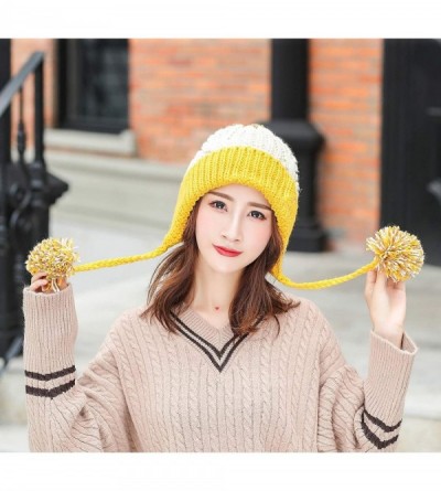 Skullies & Beanies Women Winter Peruvian Beanie Hat Ski Cap Fleece Lined Ear Flaps Dual Layered Pompoms - M8375-yellow - CC18...