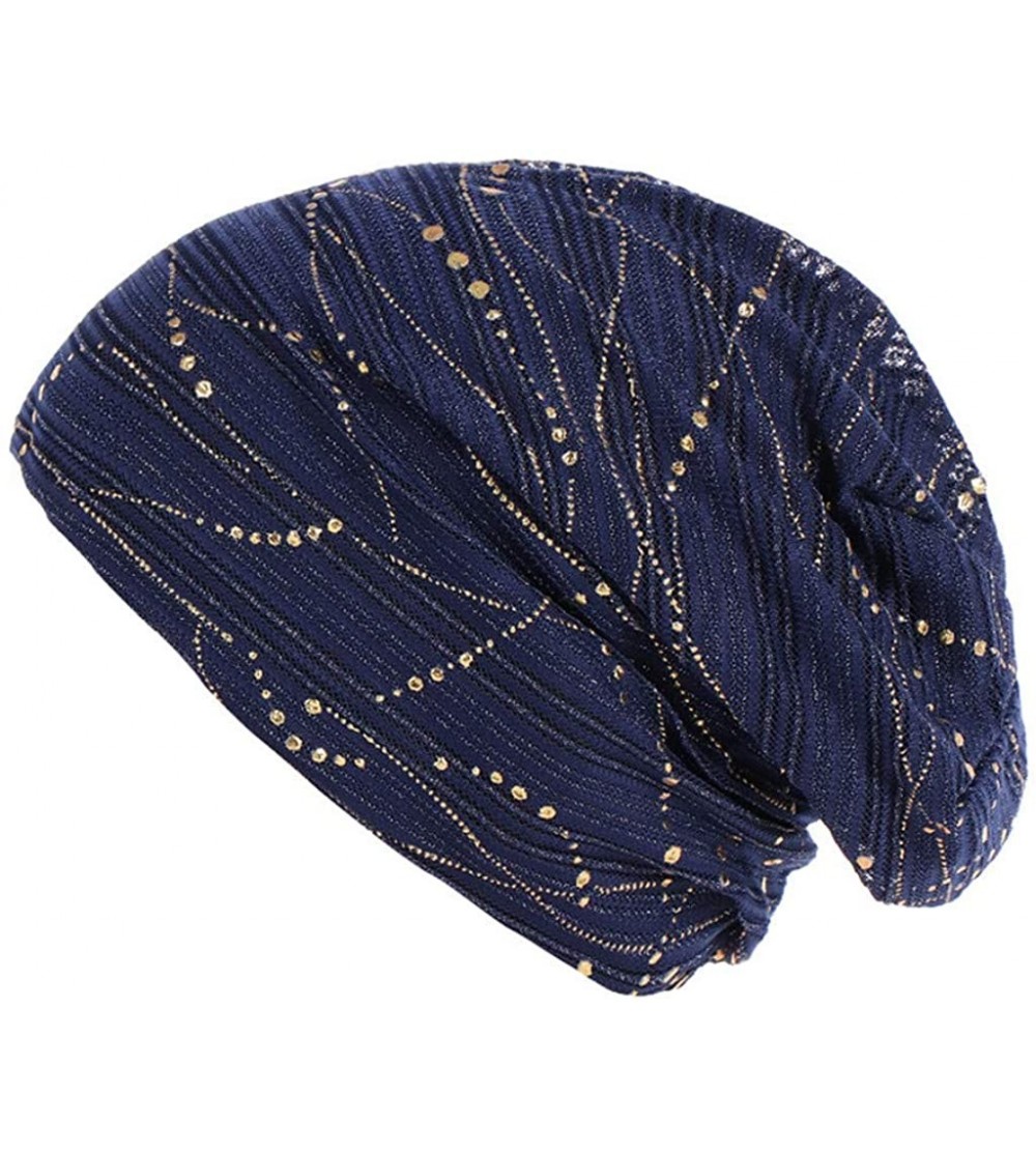 Skullies & Beanies Women Muslim Soft Hat- Lace Cross Bonnet Hijab Turban Hat Chemo Cap (Many Color for Choose) - Navy - CR18R...