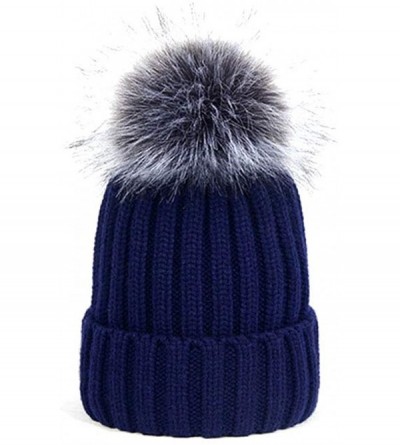 Skullies & Beanies Women Warm Faux Fur Pom Hat Soft Thick Cable Knit Winter Cap Cuff Beanie - Navy Blue - CC188S5KRX0 $19.96