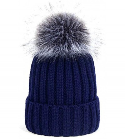 Skullies & Beanies Women Warm Faux Fur Pom Hat Soft Thick Cable Knit Winter Cap Cuff Beanie - Navy Blue - CC188S5KRX0 $10.10