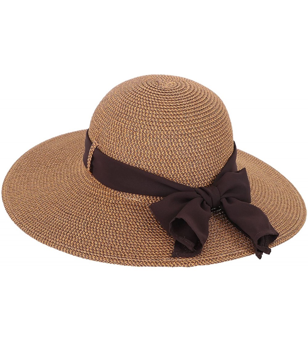 Sun Hats Womens Summer Sun Beach Hat Big Bowknot Wide Brim Straw Hat UPF 50+ - Brown - CP18C97M5GX $16.33