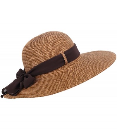 Sun Hats Womens Summer Sun Beach Hat Big Bowknot Wide Brim Straw Hat UPF 50+ - Brown - CP18C97M5GX $16.33