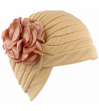 Skullies & Beanies Women Muslim Indian Chemo Hat Stretch Flower Turban Cap Hair Loss Scarf Headwear - Khaki - CT187WEE7Z0 $6.35