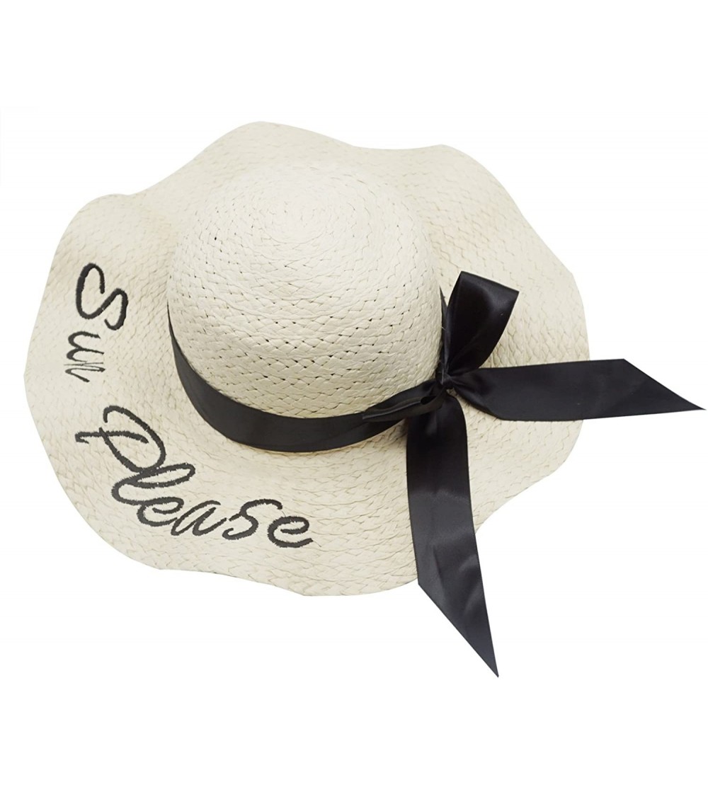 Sun Hats Women's Cursive Embroidered Letter Floppy Beach Sun Hat Straw Hats - Beige With Black Letter - CK18EO030CM $15.03