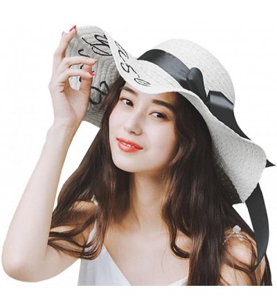 Sun Hats Women's Cursive Embroidered Letter Floppy Beach Sun Hat Straw Hats - Beige With Black Letter - CK18EO030CM $15.03