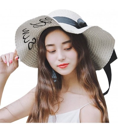 Sun Hats Women's Cursive Embroidered Letter Floppy Beach Sun Hat Straw Hats - Beige With Black Letter - CK18EO030CM $15.03