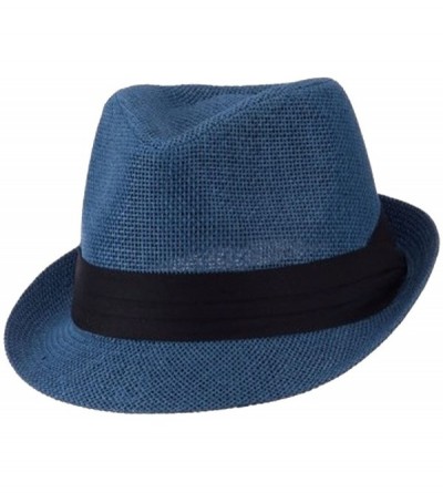 Fedoras Mens 3 Layer Pleated Band Solid Color Straw Fedora - Navy - CR11WT5B2NZ $16.80