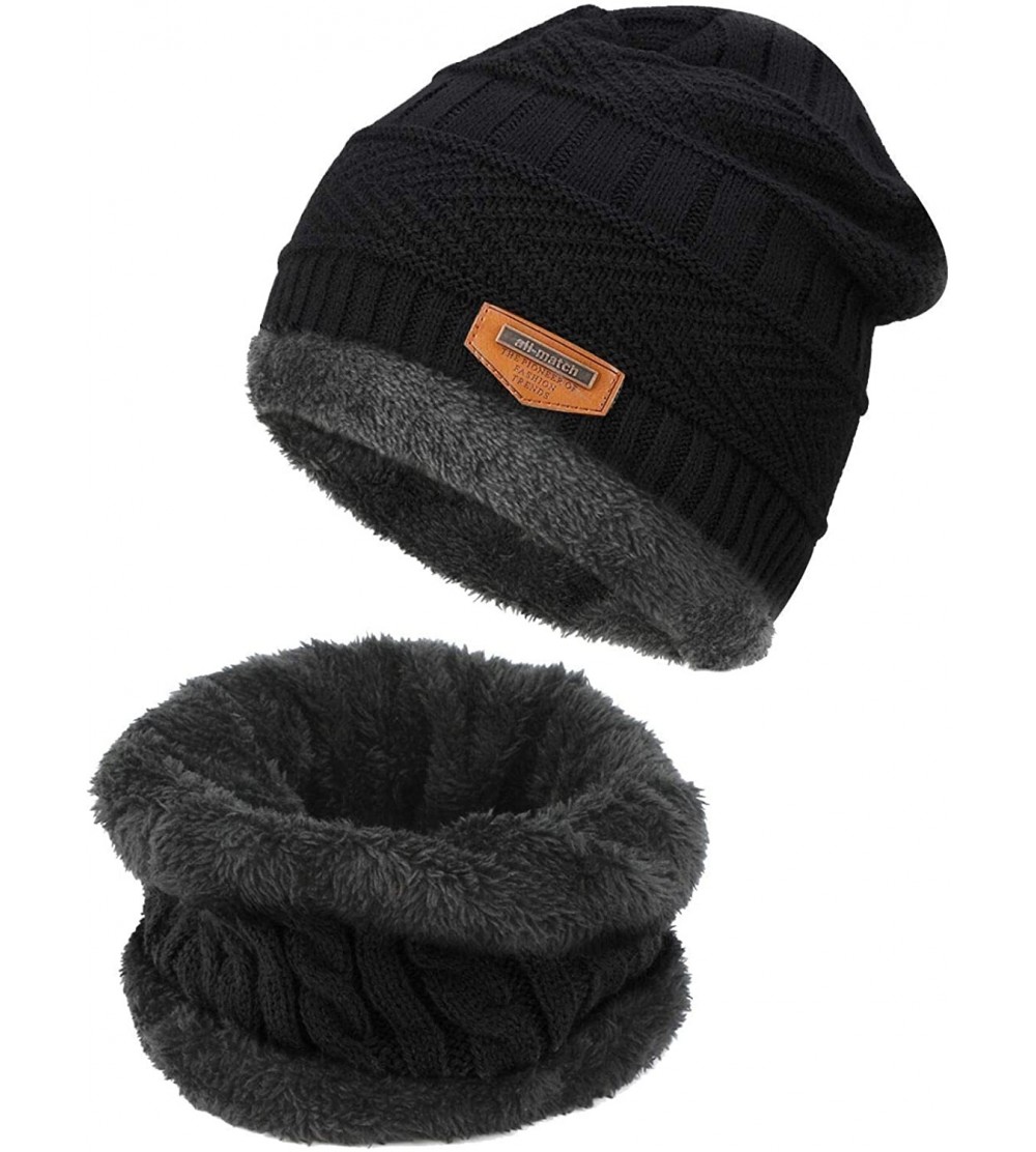 Skullies & Beanies Winter Beanie Hat Scarf Set Fleece Lining Knit Beanie for Men Women Kids - A - Black - CW187RCSELK $12.40