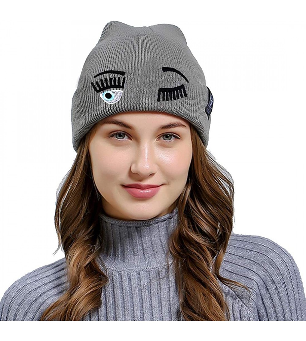 Skullies & Beanies Eyelash Wink Beanie Wool Cap Knitting Hat - Light Grey - CG1274A1MM9 $10.06