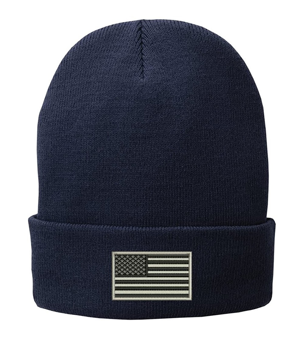 Skullies & Beanies US American Flag Grey Embroidered Winter Folded Long Beanie - Navy - CL12N1BKG8O $7.63