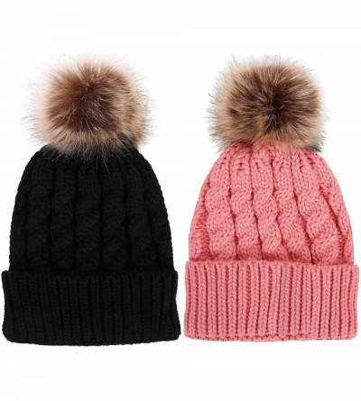 Skullies & Beanies Women's Winter Soft Chunky Cable Knit Pom Pom Beanie Hats Skull Ski Cap - 2pack_black/Pink - CC188AMCN6A $...