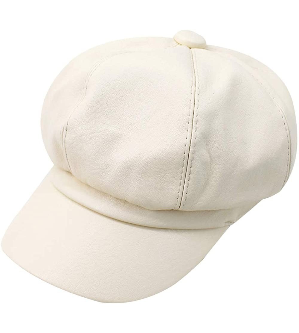 Berets Women Fuax Leather Winter Beret Beanie Hat Unisex Artist Vintage Newsboy Cabbie Cap - White - CZ1895WA9HZ $7.34