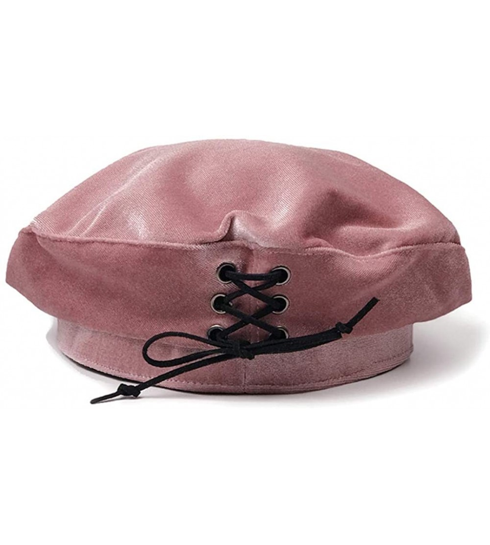 Berets Velvet Beret French Style Solid Color Winter Velvet Cap for Women - Pink - CL18L0R4WT4 $10.86