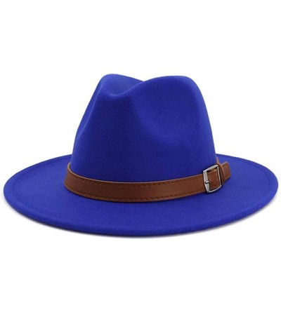 Fedoras Classic Men & Women Wide Brim Fedora Panama Hat with Belt Buckle - Royal Blue - CH18S5SNWCS $16.11