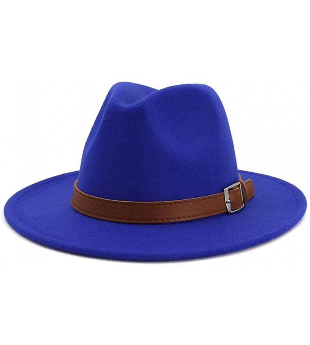 Fedoras Classic Men & Women Wide Brim Fedora Panama Hat with Belt Buckle - Royal Blue - CH18S5SNWCS $28.85