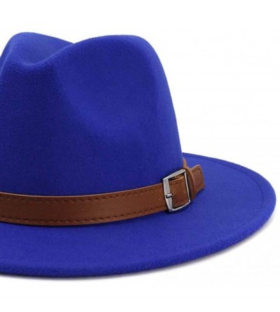 Fedoras Classic Men & Women Wide Brim Fedora Panama Hat with Belt Buckle - Royal Blue - CH18S5SNWCS $28.85