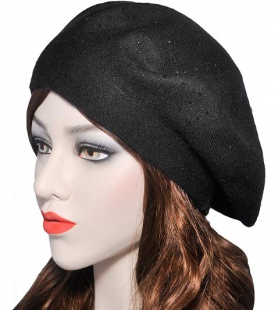 Berets Womens French Beret hat- Reversible Solid Color Cashmere Mosaic Warm Beret Cap for Girls - Black - CS18WDMRHT4 $12.84