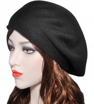 Berets Womens French Beret hat- Reversible Solid Color Cashmere Mosaic Warm Beret Cap for Girls - Black - CS18WDMRHT4 $12.84