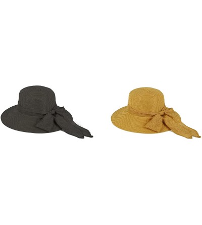 Sun Hats Straw Wide Brim Floppy Hat with Fancy Ribbon 965SH - 2 Pcs Black & Brown - CV11YXEDF0N $19.18