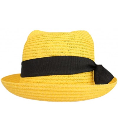 Sun Hats Women Vintage Cat Ear Bowler Straw Hat Sun Summer Beach Roll-up Bowknot Cap Hat - Yellow - CM12DOGWX0X $10.11