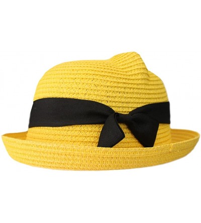 Sun Hats Women Vintage Cat Ear Bowler Straw Hat Sun Summer Beach Roll-up Bowknot Cap Hat - Yellow - CM12DOGWX0X $10.11