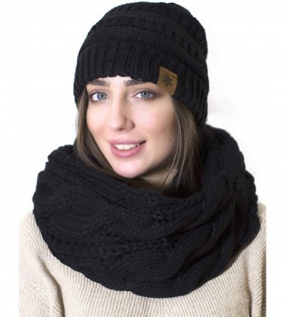 Skullies & Beanies Hat and Scarf Set Slouchy Cable Knit Beanie Winter Cap with Matching Infinity Scarf for Women - Black - C3...