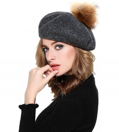 Berets Womens French Beret Cap Wool Knit Winter Warm Beanie Hats with Fur Ball Pom Pom - Grey - C512O2GL686 $19.84