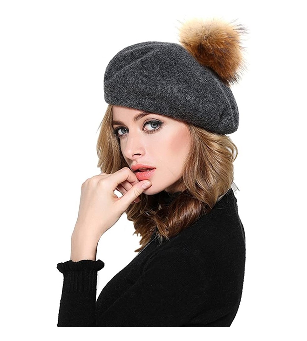 Berets Womens French Beret Cap Wool Knit Winter Warm Beanie Hats with Fur Ball Pom Pom - Grey - C512O2GL686 $19.84
