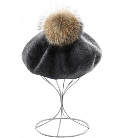 Berets Womens French Beret Cap Wool Knit Winter Warm Beanie Hats with Fur Ball Pom Pom - Grey - C512O2GL686 $19.84