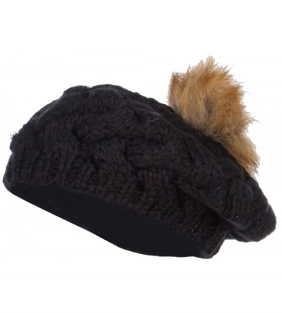 Berets Faux Fur Pom Knit Beret - Black - CL12N1R5GIA $26.72