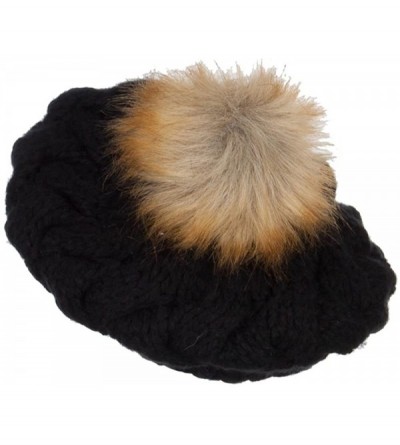 Berets Faux Fur Pom Knit Beret - Black - CL12N1R5GIA $26.72