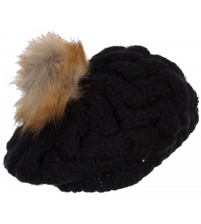 Berets Faux Fur Pom Knit Beret - Black - CL12N1R5GIA $26.72