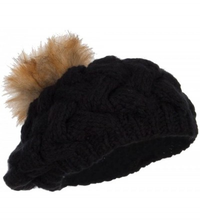 Berets Faux Fur Pom Knit Beret - Black - CL12N1R5GIA $26.72