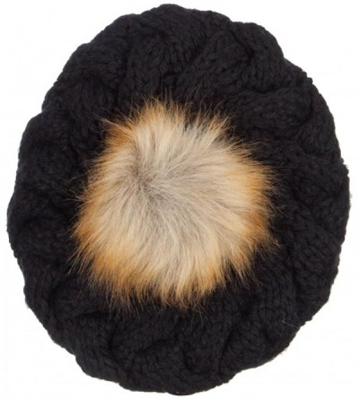 Berets Faux Fur Pom Knit Beret - Black - CL12N1R5GIA $26.72