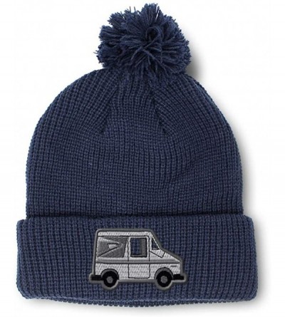 Skullies & Beanies Custom Pom Pom Beanie Mailman Truck Postal A Embroidery Acrylic - Navy - CH18A0DYKDA $15.23