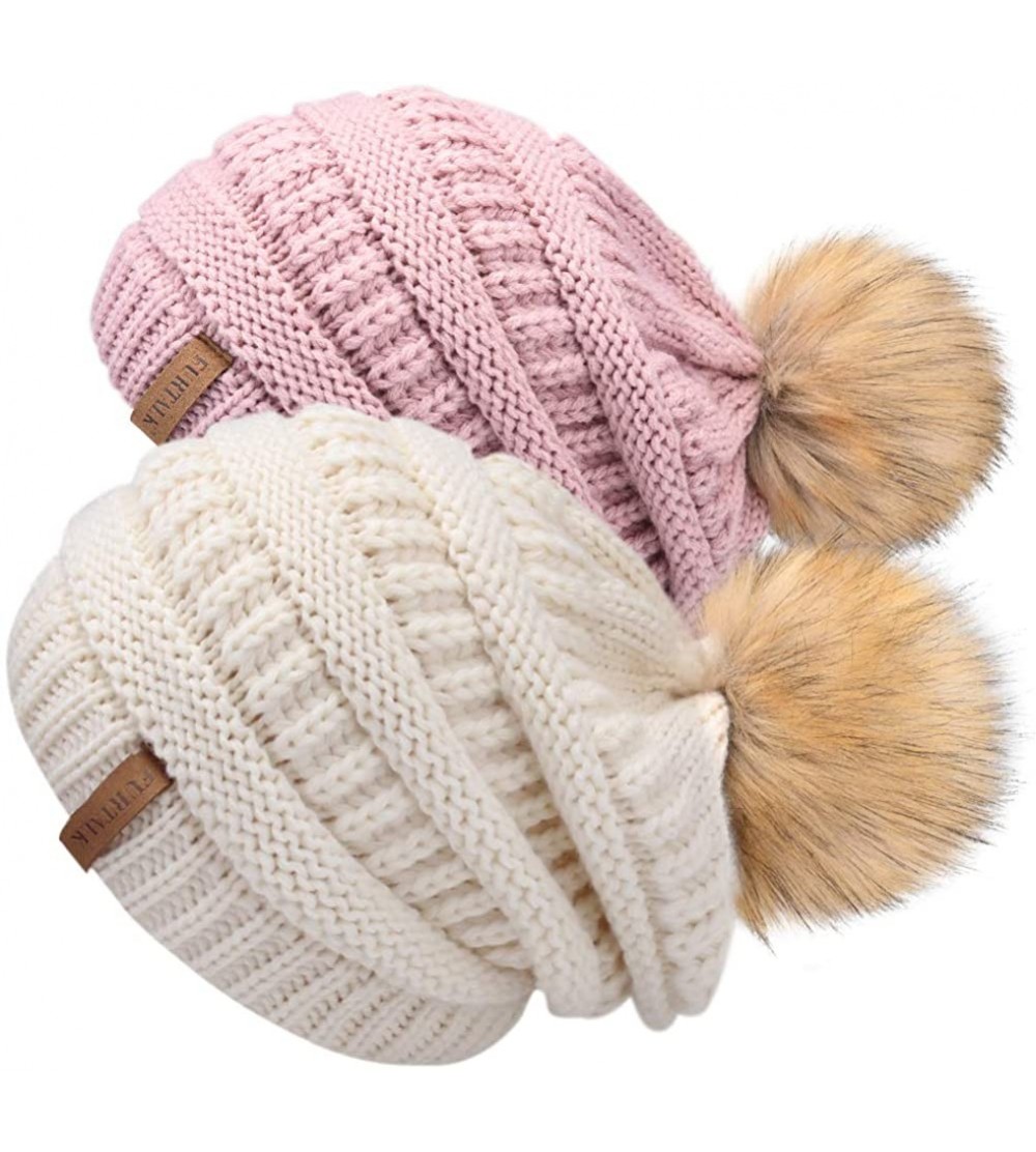 Skullies & Beanies Womens Winter Knit Slouchy Beanie Hat Skull Ski Cap Warm Faux Fur Pom Pom Beanies Hats for Women 2 Packs -...